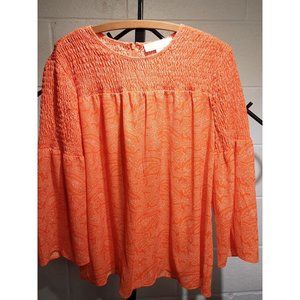 Michael Kors Smocked Boho Style Blouse Top Orange White Paisley Medium M